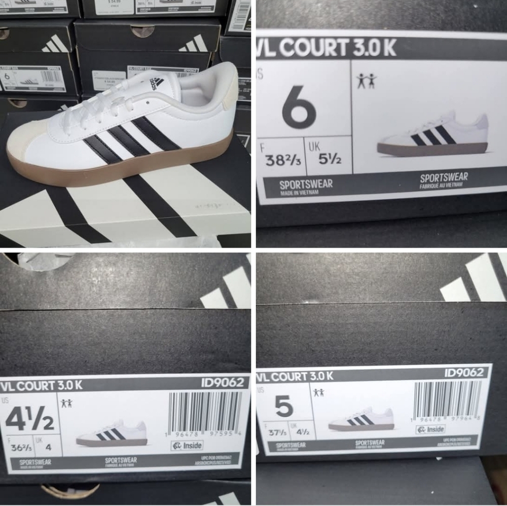Adidas VL Court 3.0 K Sneakers - White, Black, Cream Suede With Gum Bottom Kids
